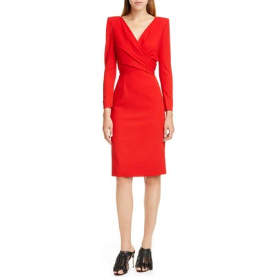 Alexander Mcqueen Long Sleeve Stretch Wool Crepe Wrap Front Dress, 8 IT - Red