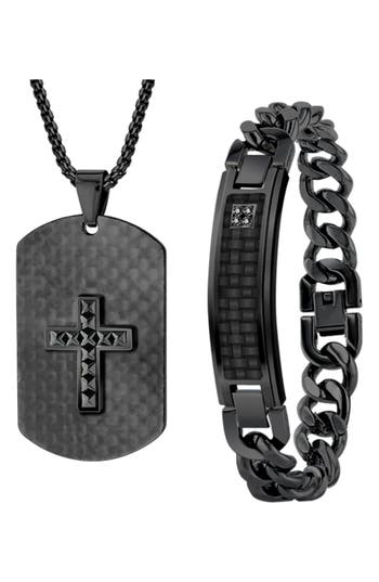 American Exchange Cross Dog Tag Necklace & Id Bracelet Set In Black
