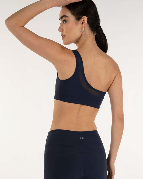 Rebody Active On Duty Mesh One Shoulder Silkiflex Bra In Cool Navy