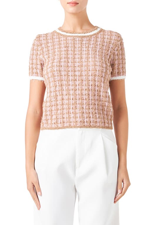 Shop Endless Rose Check Tweed Sweater In Camel/pink