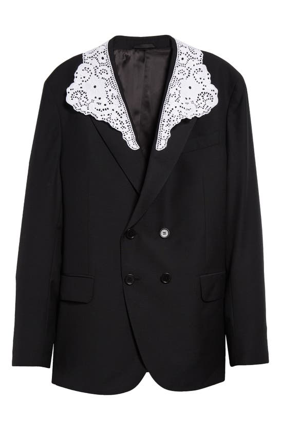 Shop Simone Rocha Lace Collar Double Breasted Blazer In Black/ White
