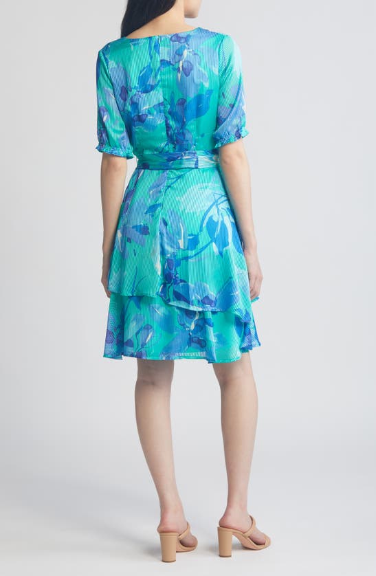 Shop Tahari Asl Floral Shadow Stripe Satin Dress In Teal Multi