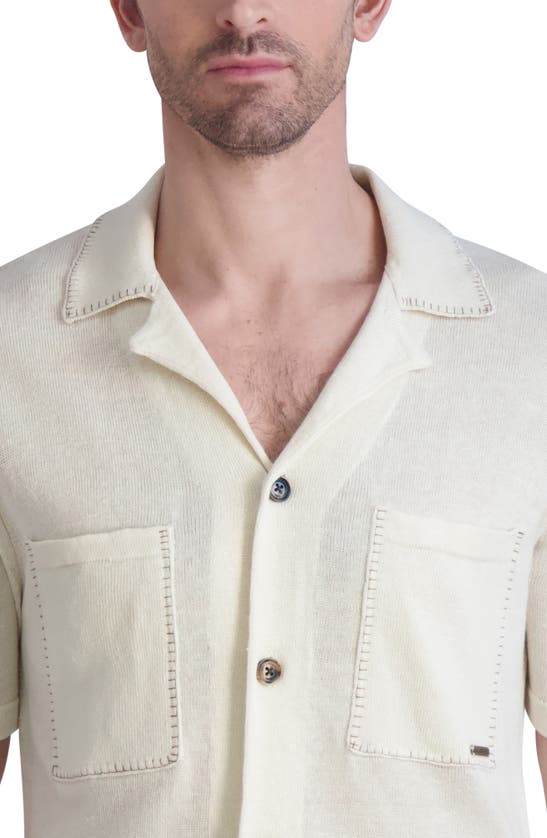 Shop Karl Lagerfeld Paris Stitch Detail Linen Short Sleeve Cardigan In Natural