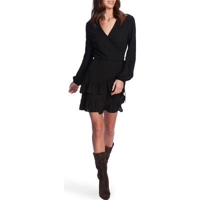1.state Wrap Front Tiered Ruffle Long Sleeve Dress, Black