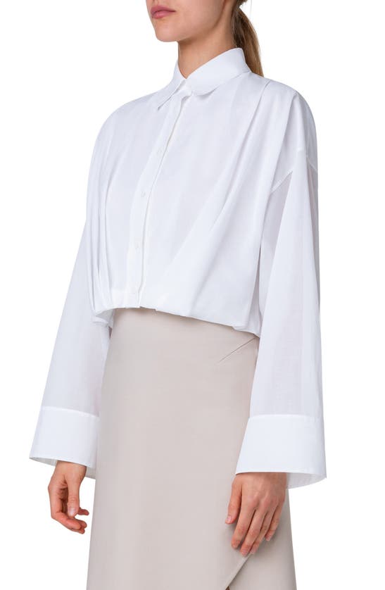 Shop Akris Pleated Waist Cotton Voile Button-up Shirt In Ecru