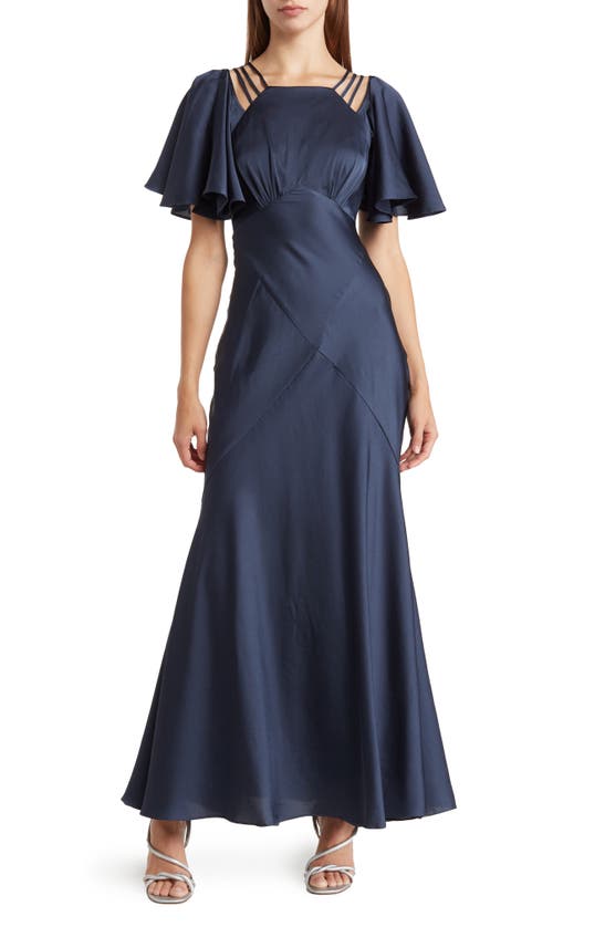 Asos Design Edition Flutter Sleeve Satin Maxi Dress In Navy
