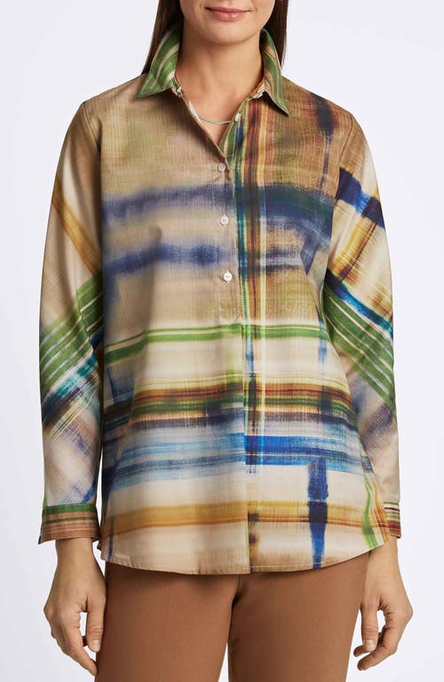 Foxcroft Delia Painterly Stripe Cotton Button-up Shirt In Blue Multi