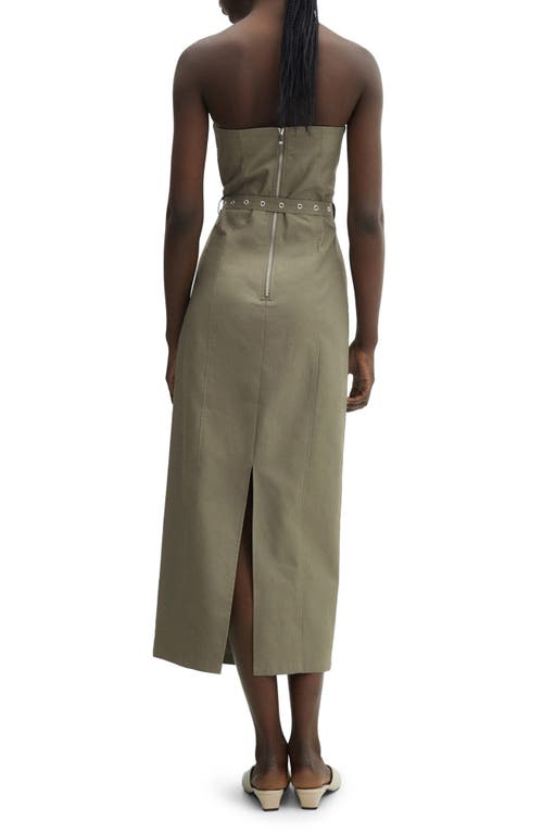 Shop Mango Belted Strapless Dress In Khaki Green