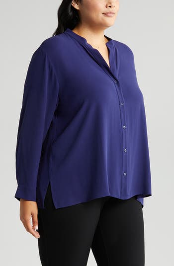 Eileen Fisher Mandarin Collar Silk Button-Up Shirt