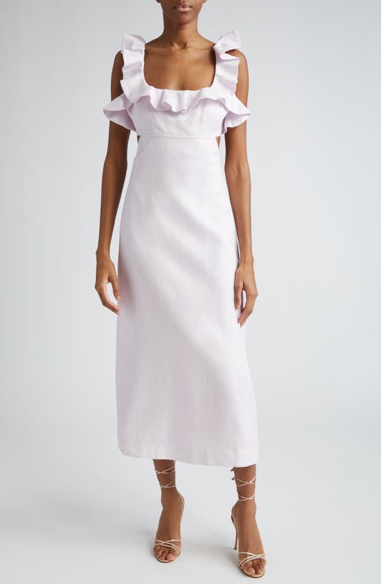 Shop Zimmermann Ruffle Linen Midi Dress In Lilac