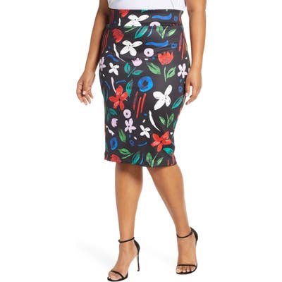 Plus Size Eloquii Floral Neoprene Pencil Skirt, Black