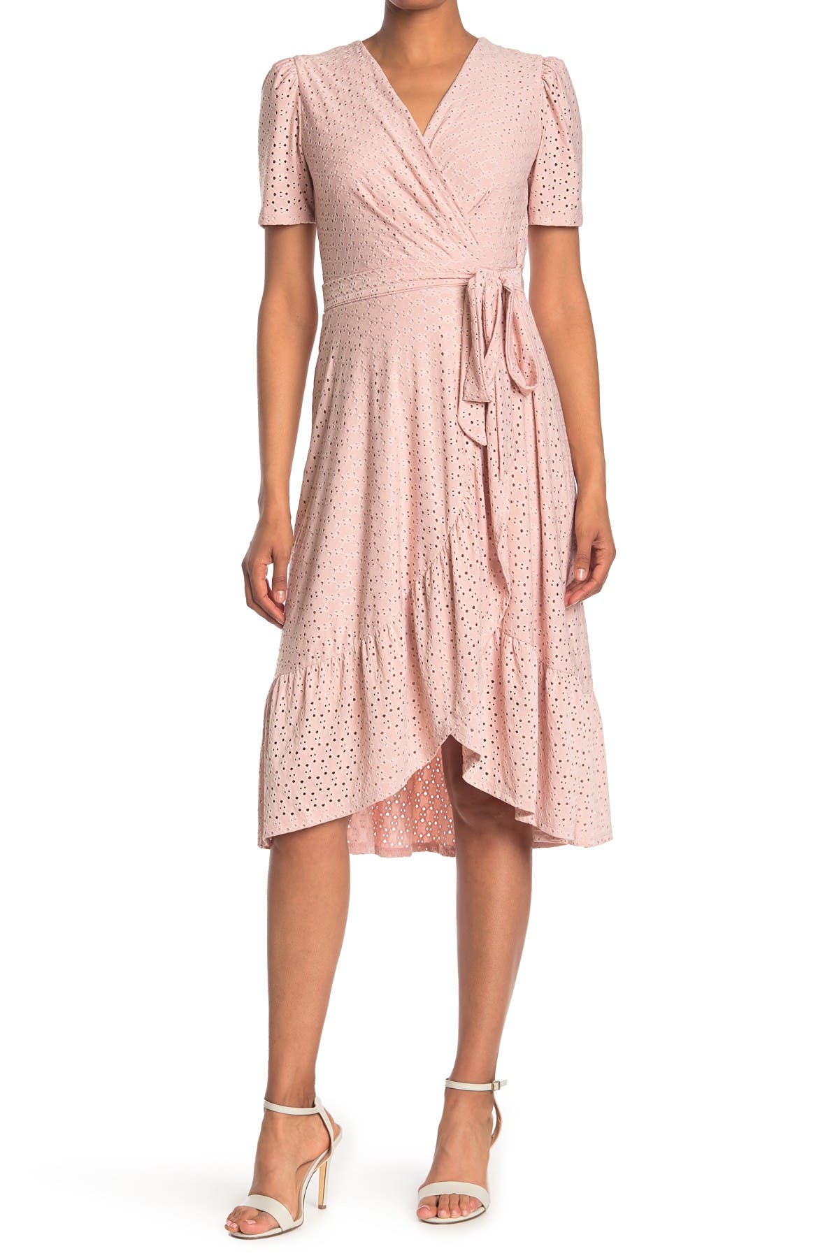 London Times Stretch Eyelet Short Sleeve Ruffle Wrap Dress In Dusty Pink