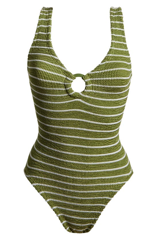Shop Hunza G Celine Stripe Seersucker One-piece Swimsuit In Metallic Moss