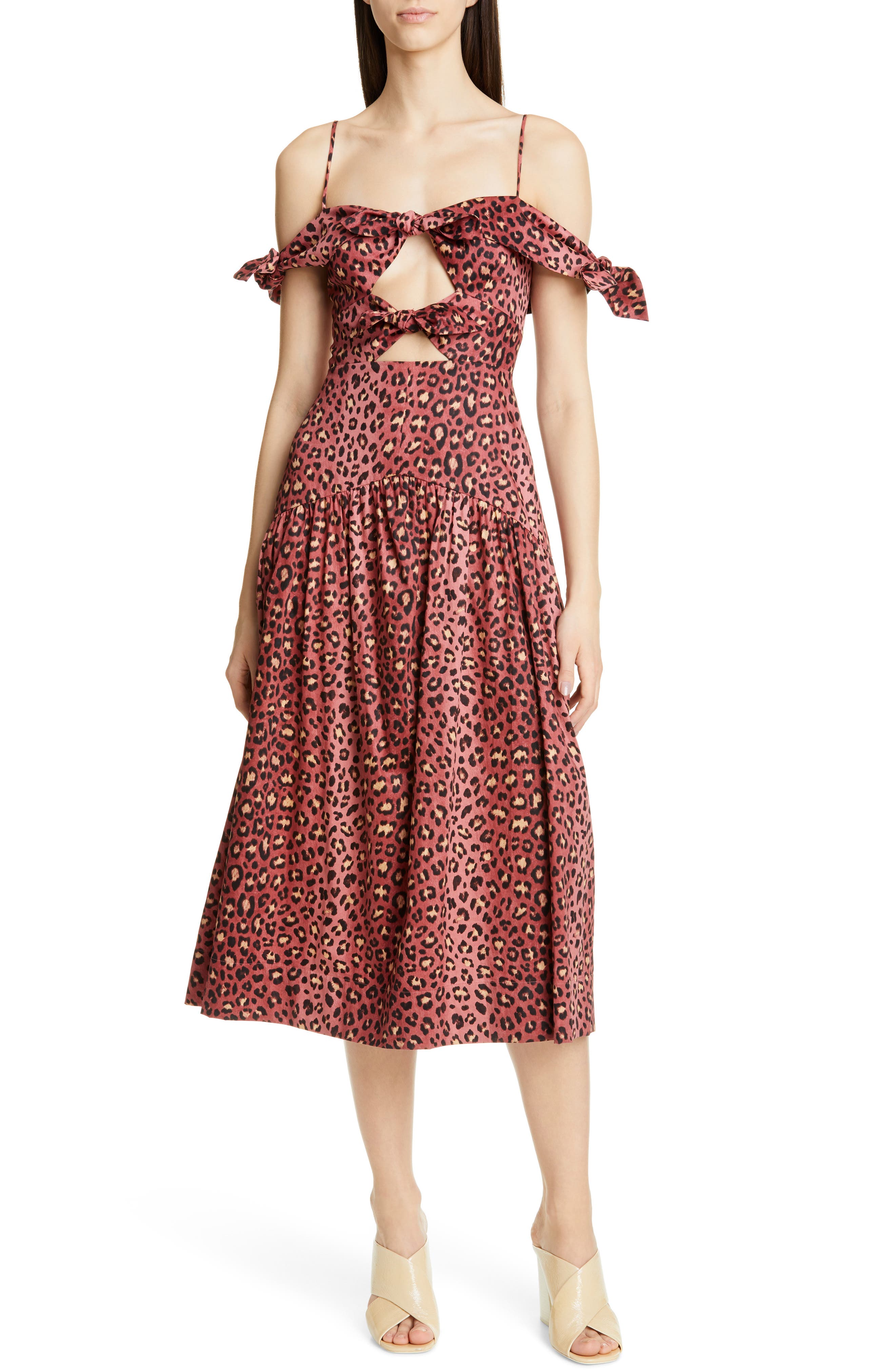 Rebecca Taylor Bow Detail Leopard Print Cold Shoulder Cotton Midi Dress, Pink