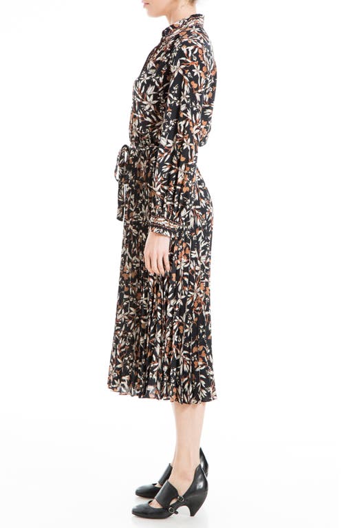 Max Studio Long Sleeve Crepe Collar Pleated Dress In Black Multi