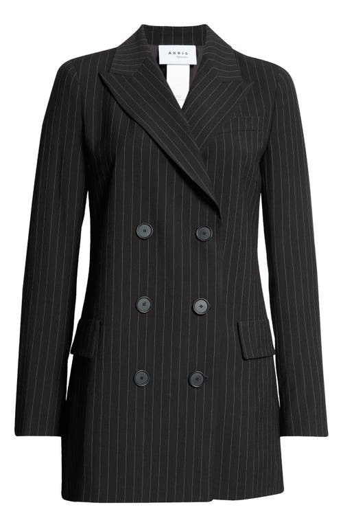 Akris Punto Pinstripe Double Breasted Wool Blend Crepe Long Blazer In Black-cream