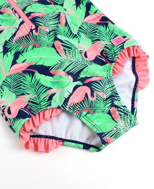 Shop Rufflebutts Girls Short Sleeve Upf50+ One Piece Rash Guard In Flamingo Frenzy