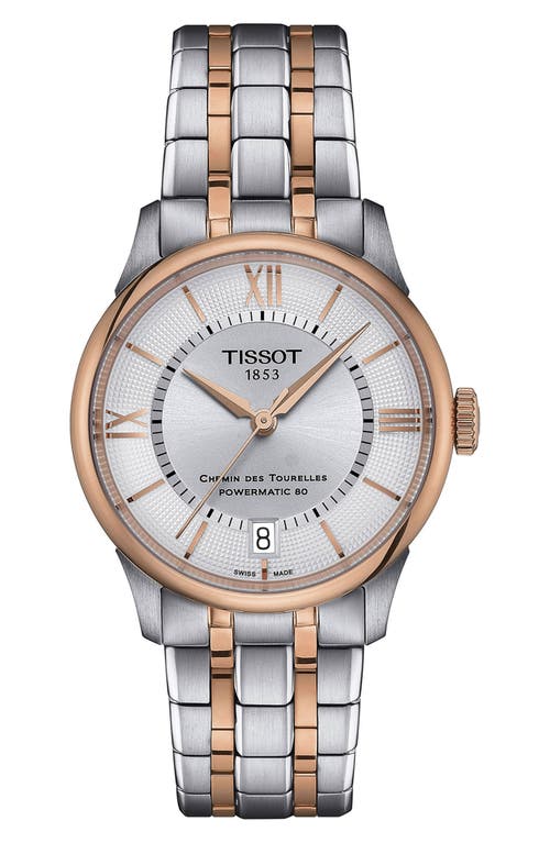 Shop Tissot Chemin Des Tourelles Powermatic 80 Bracelet Watch, 34mm In Silver/rose Gold