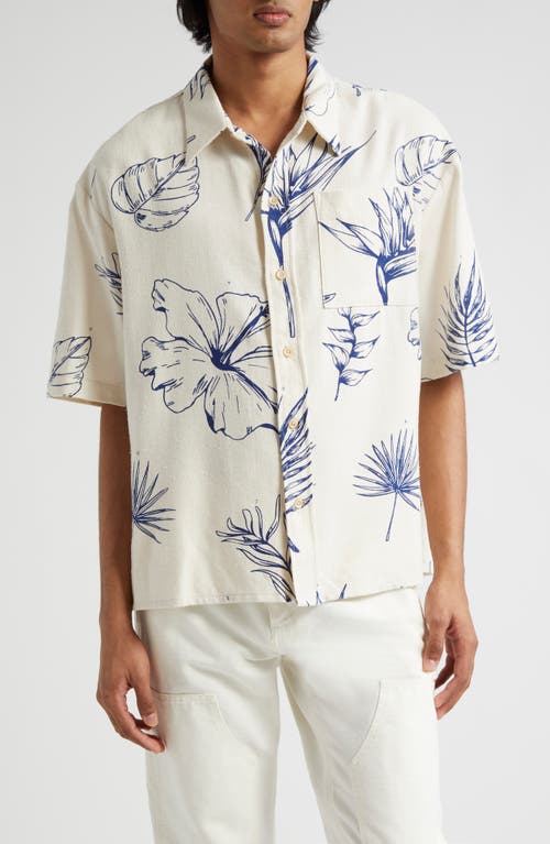 Gender Inclusive Botanic Short Sleeve Cotton & Silk Button-Up Shirt in Natural W/Atlantic