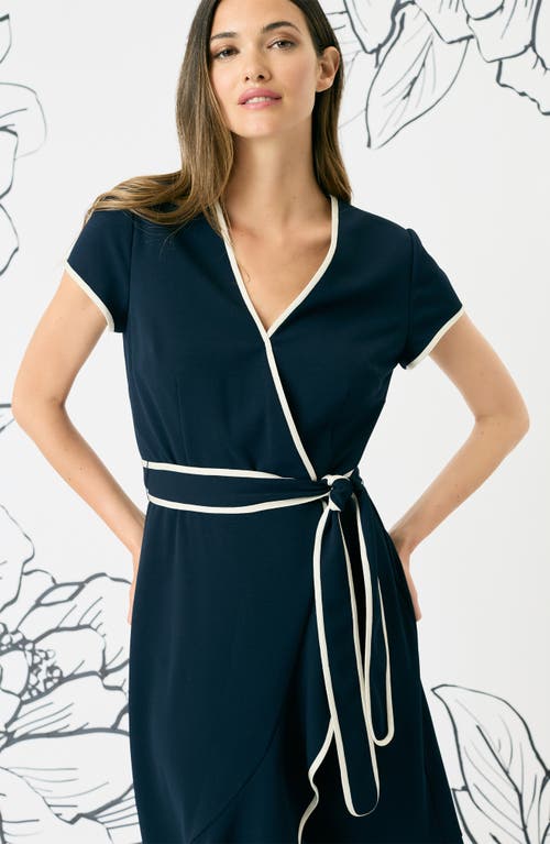 Shop Maggy London Short Sleeve Faux Wrap Dress In Twilight Navy