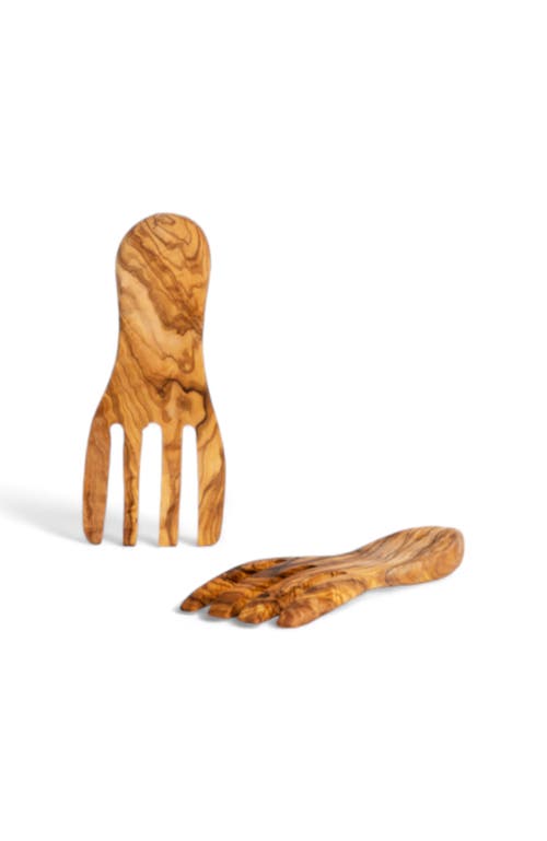 Gharyan Stoneware Olive Wood Salad Servers Flat Forks Set In Natural