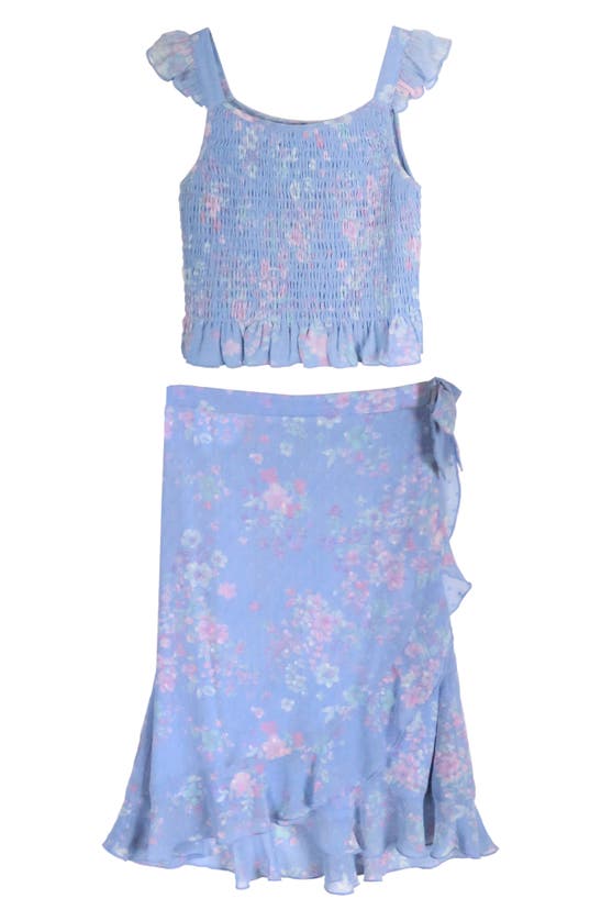 Zunie Kids' Floral Ruffle Two-piece Dress In Chambray Floral