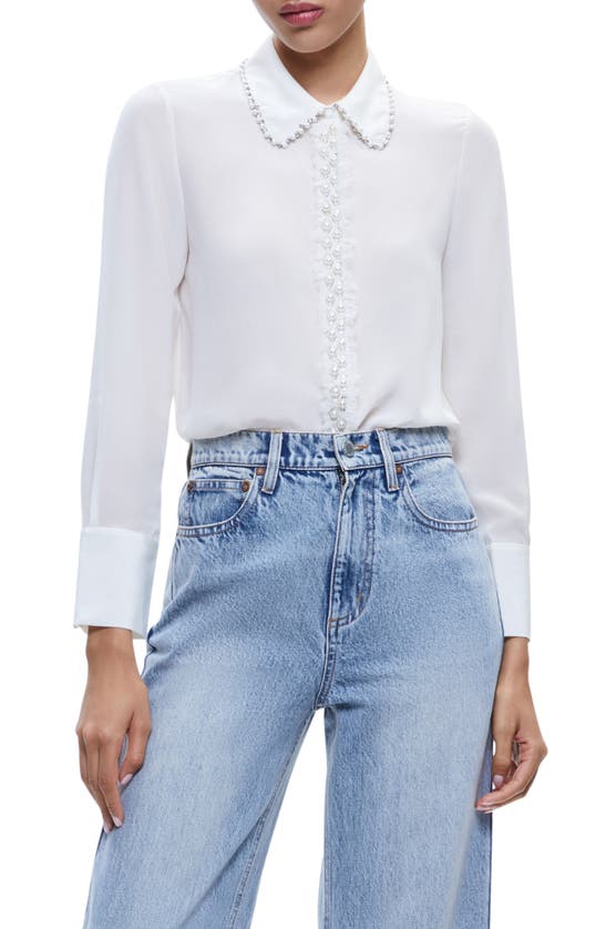 Alice And Olivia Willa Imitation Pearl Embellished Silk Button-up Shirt In Off White