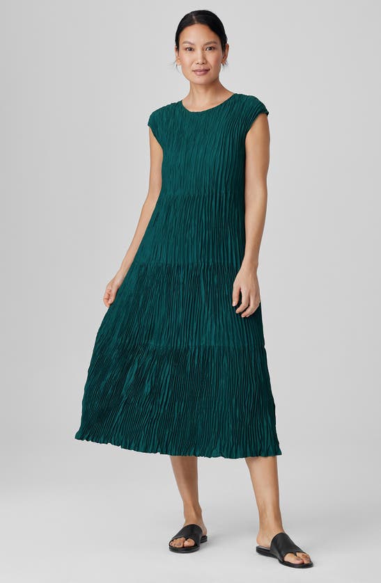 Shop Eileen Fisher Pleated Tiered Silk Midi Dress In Aegean