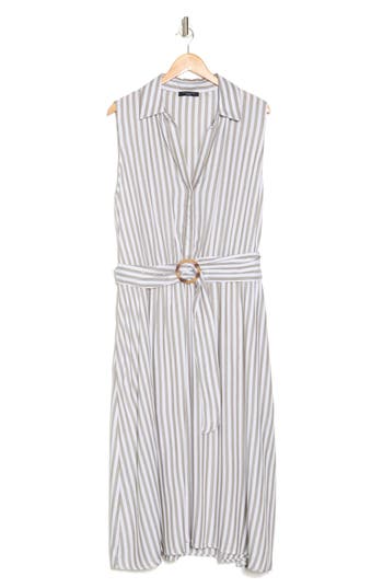 T Tahari Stripe Belted Maxi Shirtdress In Olive/white Stripe
