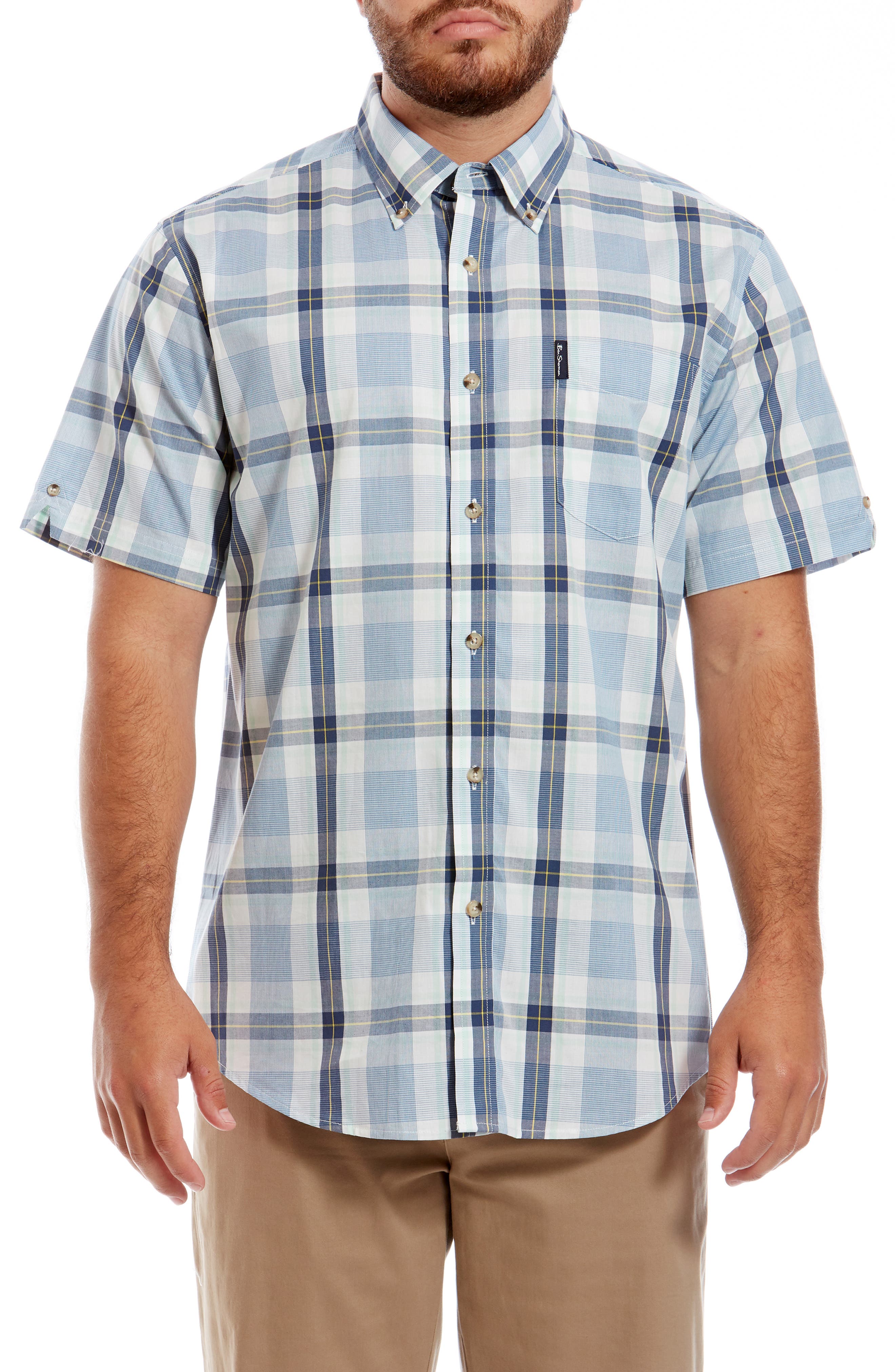 Ben Sherman Dogtooth Check Slim Fit Short Sleeve Sport Shirt, Blue