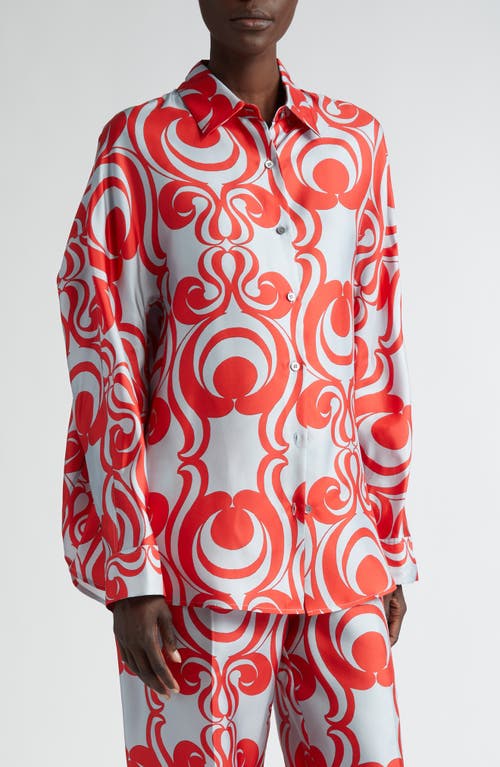 Dries Van Noten Print Oversize Silk Button-Up Shirt Red 352 at Nordstrom,