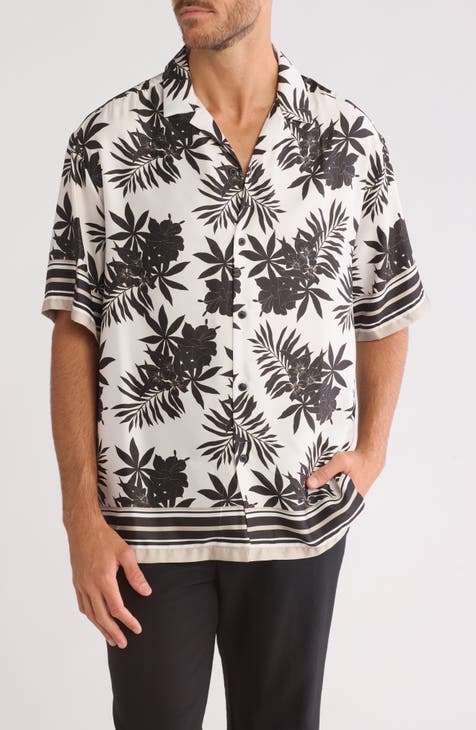 Palm Print Short Sleeve Satin Button-Up Shirt