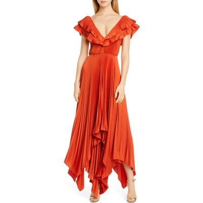Flor. Et Al Tampico Ruffle Pleat Asymmetrical Gown, Orange