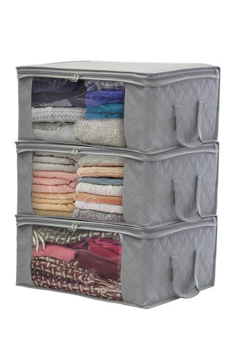 Foldable Fabric Storage Organizer Bag - Set of 3 - Grey