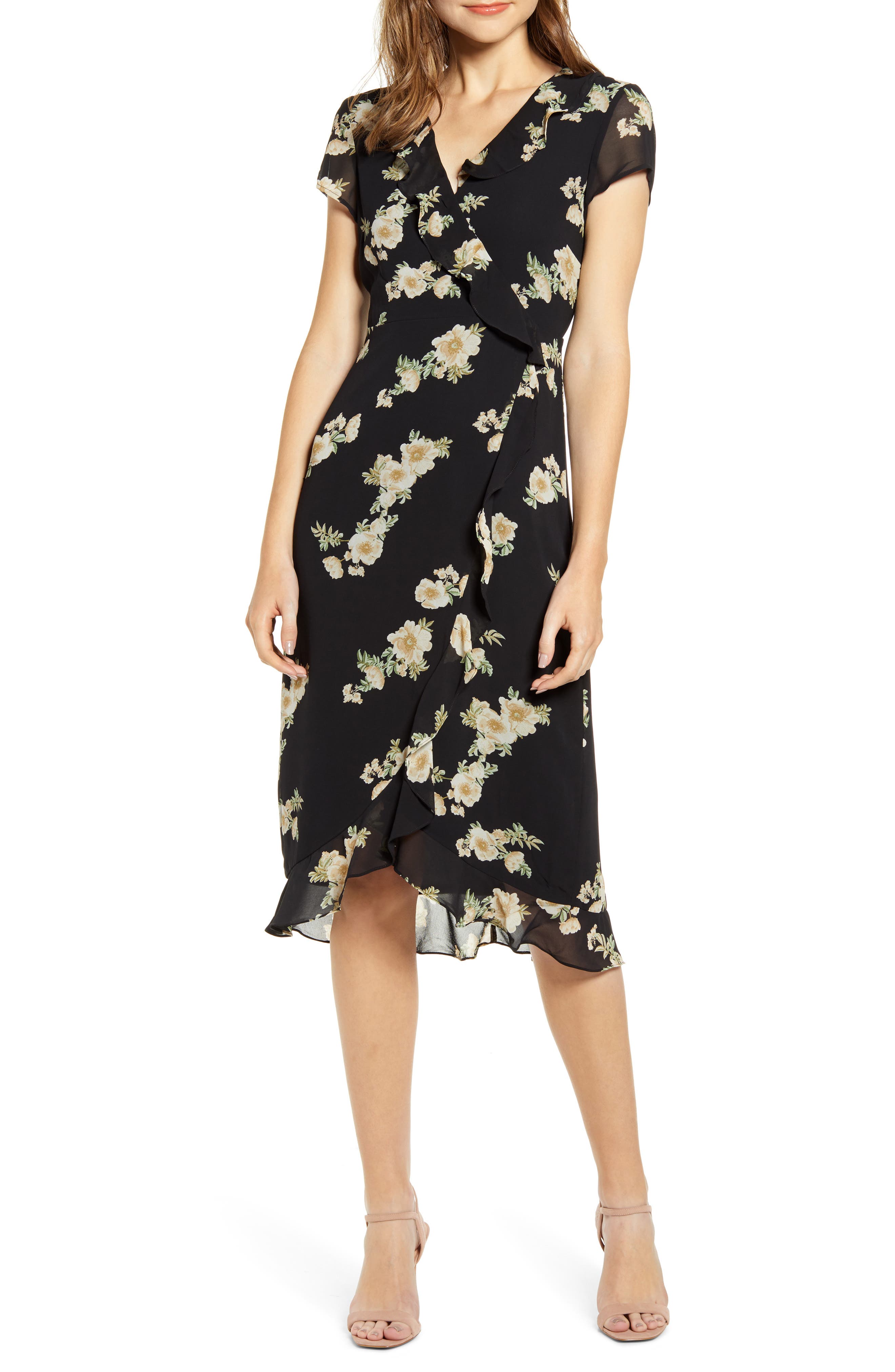 Bardot Floral Print Faux Wrap Chiffon Dress, Black