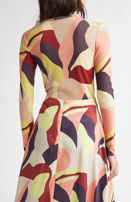 Shop Marimekko Veduta Wool Funnel Neck Top In Winered Yellow Peach