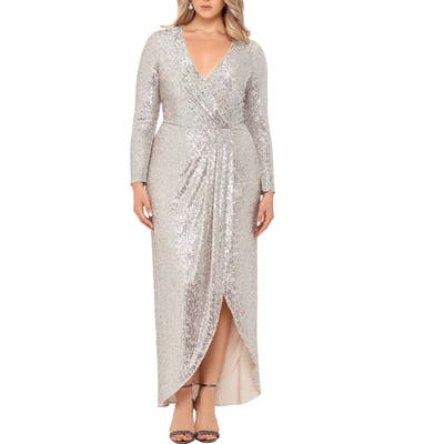 Plus Size Xscape Long Sleeve Faux Wrap Sequin Gown, Metallic