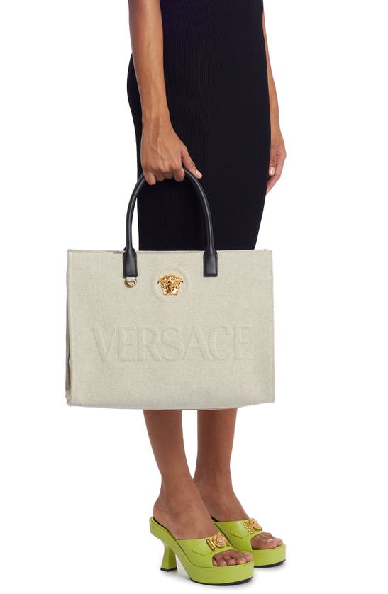 Versace La Medusa Canvas Tote In Rope Black- Gold