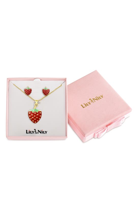 Lily Nily Kids' Strawberry Pendant Necklace & Stud Earrings Set In Gold/red