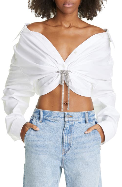 Alexander Wang Athena Crystal Tie Off the Shoulder Crop Cotton Blouse in White
