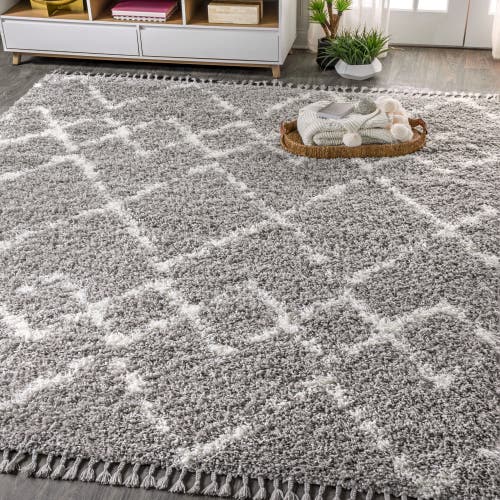 Jonathan Y Mercer Shag Plush Tassel Moroccan Geometric Trellis Area Rug In Gray/ivory