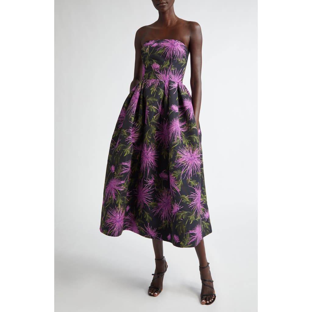 Oscar De La Renta Strapless Floral-print Faille Gown In Purple