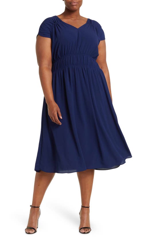 London Times Ruche Waist Midi Dress In Blue | ModeSens