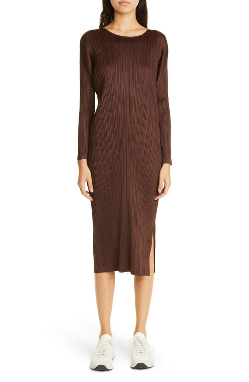 Pleats Please Issey Miyake Forward Pleated Long Sleeve Midi Dress in Dark Brown