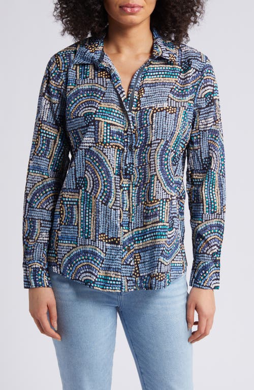 NIC+ZOE Mosaic Mix Crinkle Cotton Button-Up Shirt in Blue Multi