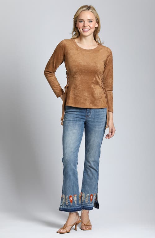 Shop Apny Faux Suede Lace Up Long Sleeve T-shirt In Cognac