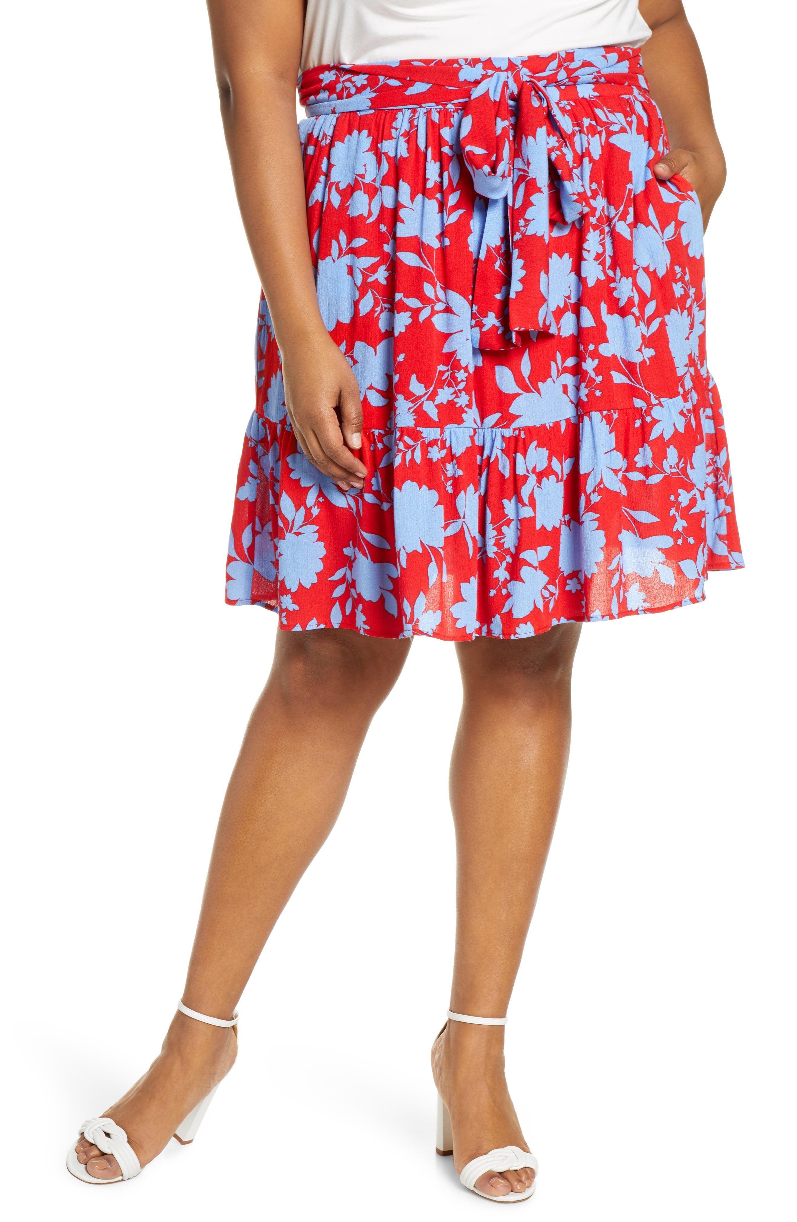 Plus Size Gibson X Hi Sugarplum! Capri Tiered Tie Front Summer Skirt, Red