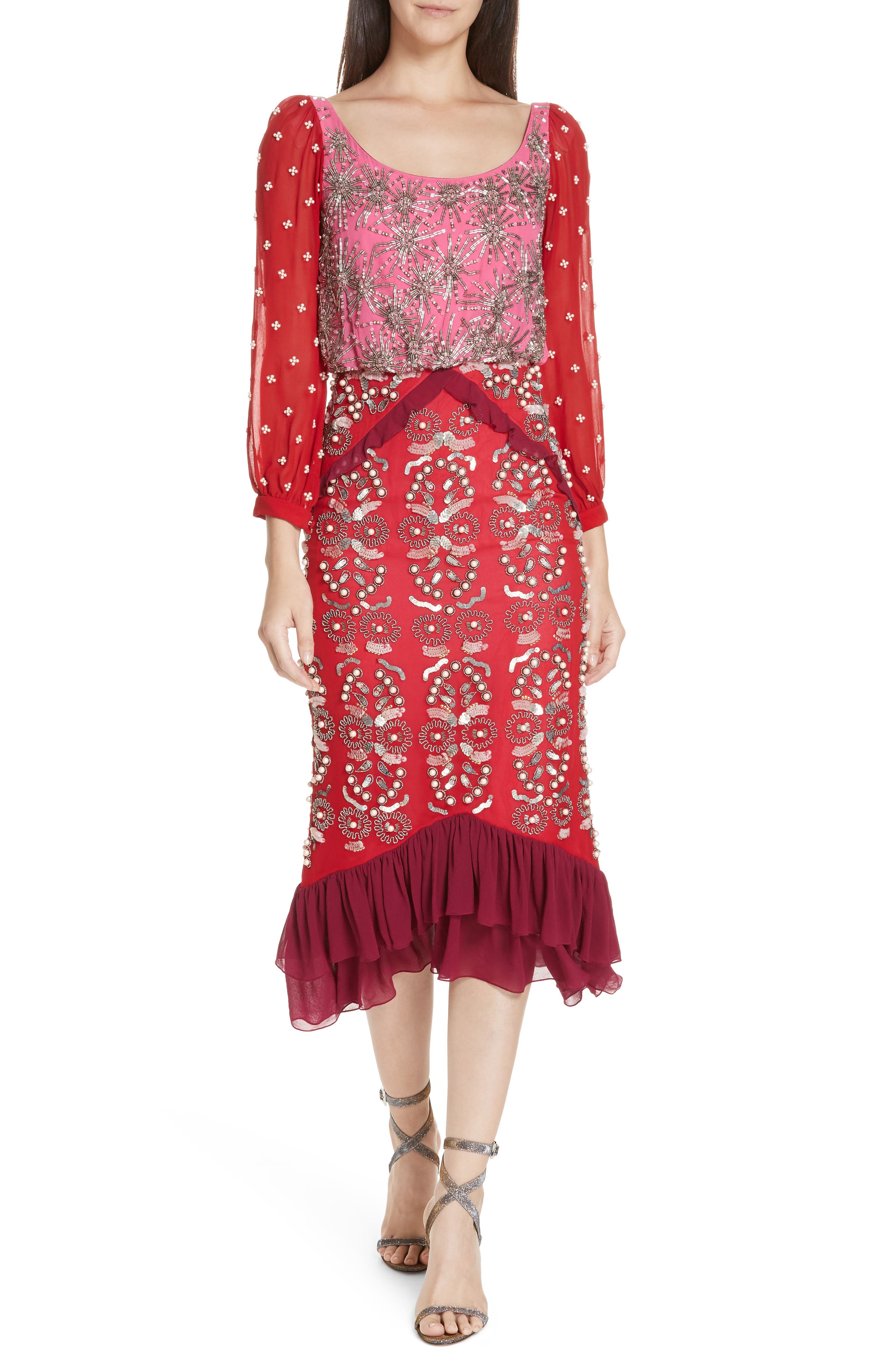 Saloni Isa Beaded Colorblock Silk Midi Dress, Pink