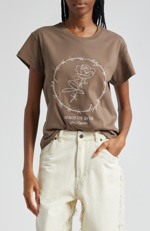 Barbwire Rose Embroidered Graphic T-Shirt in Brown