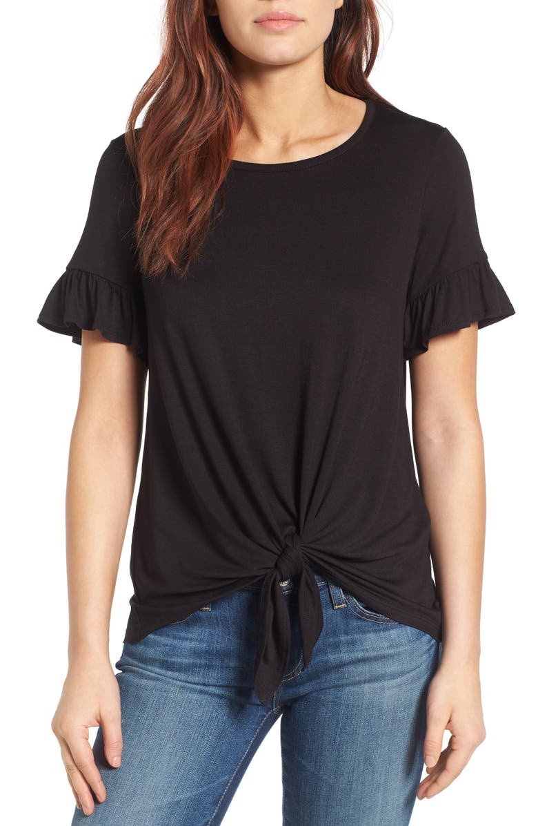 BOBEAU Bell Sleeve Tie Front Top, Main, color, BLACK